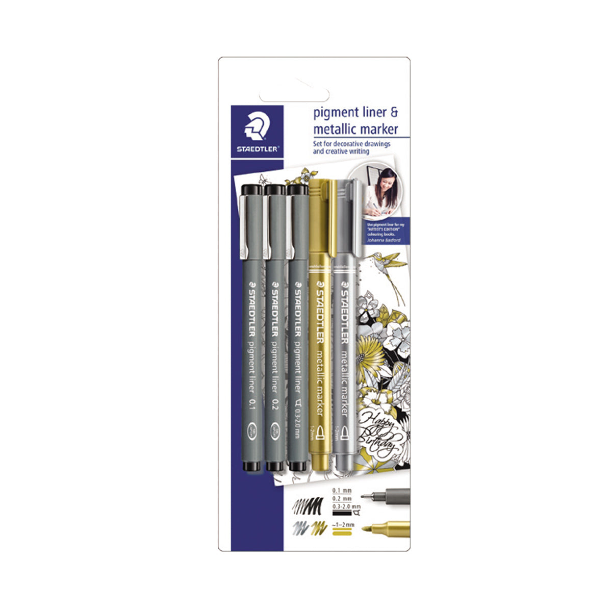 Staedtler Pigment Liner Set of 5 (3 Line+Gold+Silver)