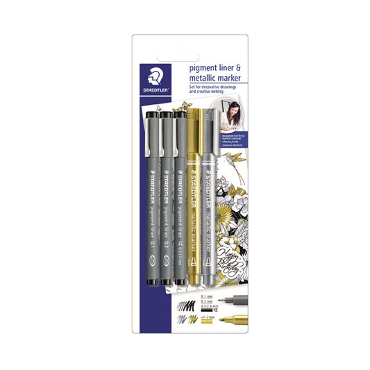 Staedtler Pigment Liner Set of 5 (3 Line+Gold+Silver)